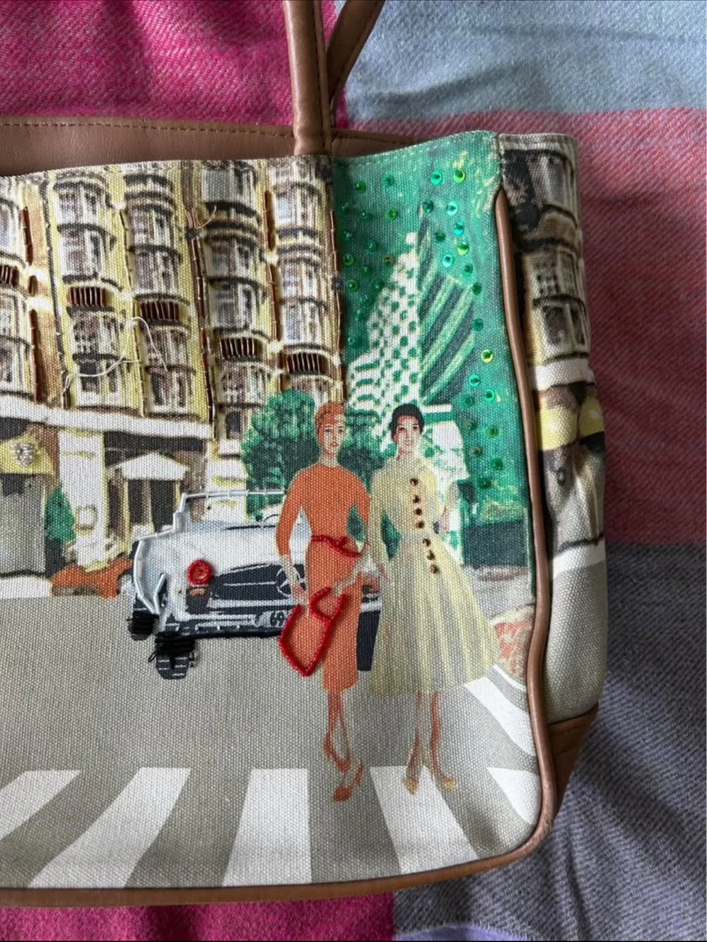 Vintage City Scene Canvas Tote Bag in Multicolor